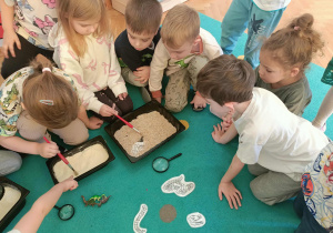 Dzieci szukają dinozaurów i szkieletu.