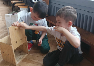 2 chłopców ogląda transporter dla ptaków.