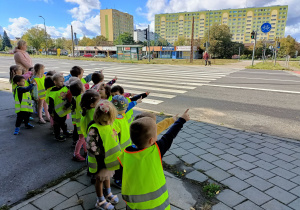 Dzieci pokazują sygnalizator świetlny.